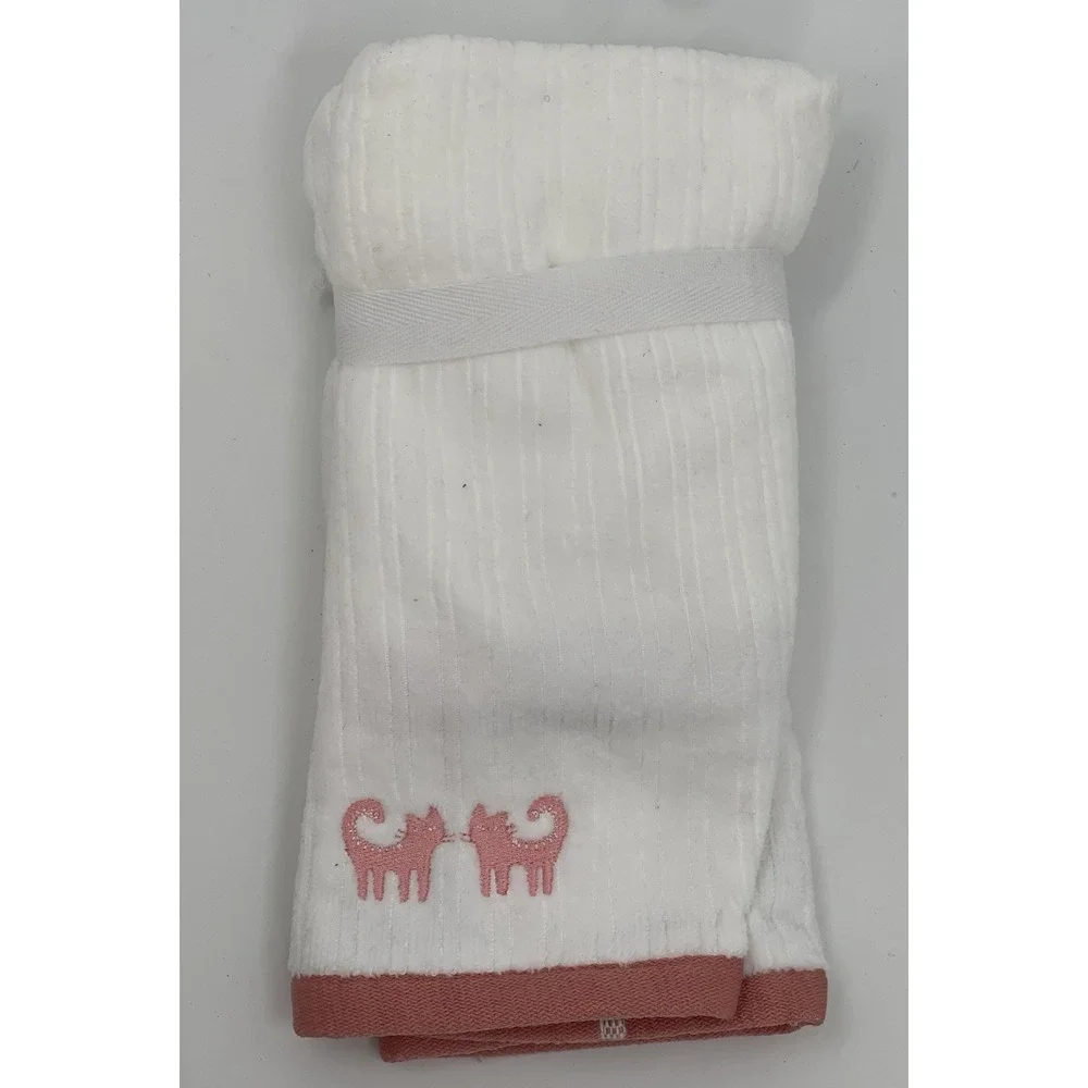 Envogue White Set of 2 Velour Tip Towels Embroidered Pink Coral Cats Kitties NWT